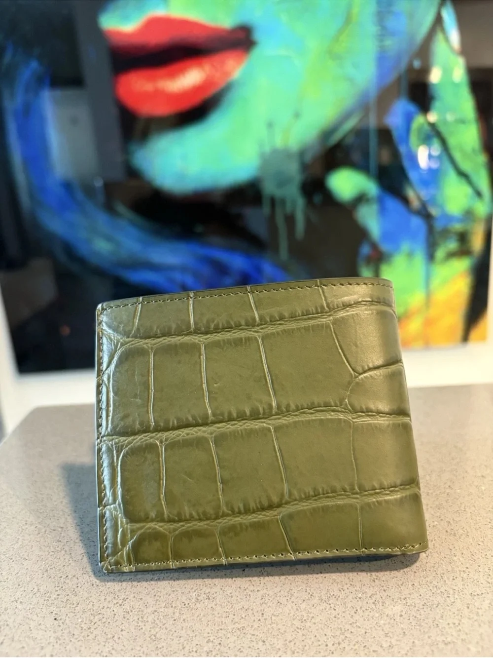 Versace Olive Green Croc-Embossed Leather Money Clip with Gold Medallion